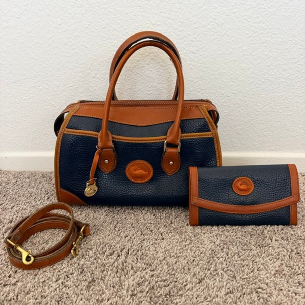 Dooney Bourke All-Weather Leather Satchel & Wallet Set Vintage Navy British Tan